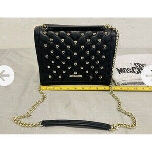 Love Moschino Black Vegan Leather Crossbody Studded Quilted Purse Dust Bag